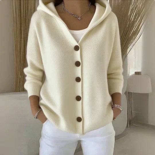 Darienne™ hooded button-up knit cardigan by THE WHITMORE FAMILY, featuring a cozy knit fabric and a stylish hood.