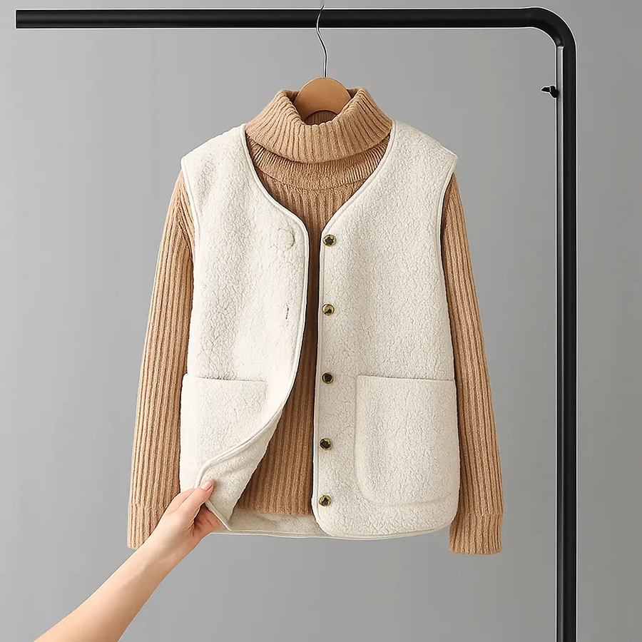 White wool vest from THE WHITMORE FAMILY featuring a classic fit and soft texture, displayed on a neutral background.