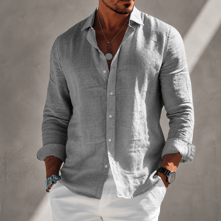 Lightweight summer Christophe shirt by THE WHITMORE FAMILY in soft gray fabric, displayed on a hanger.