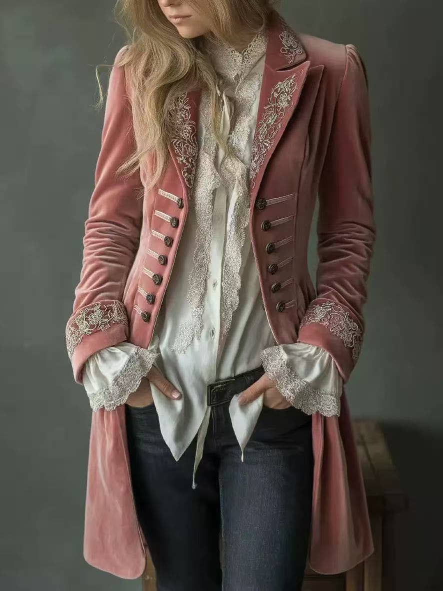 Pink Embroidered Velvet Longline Blazer