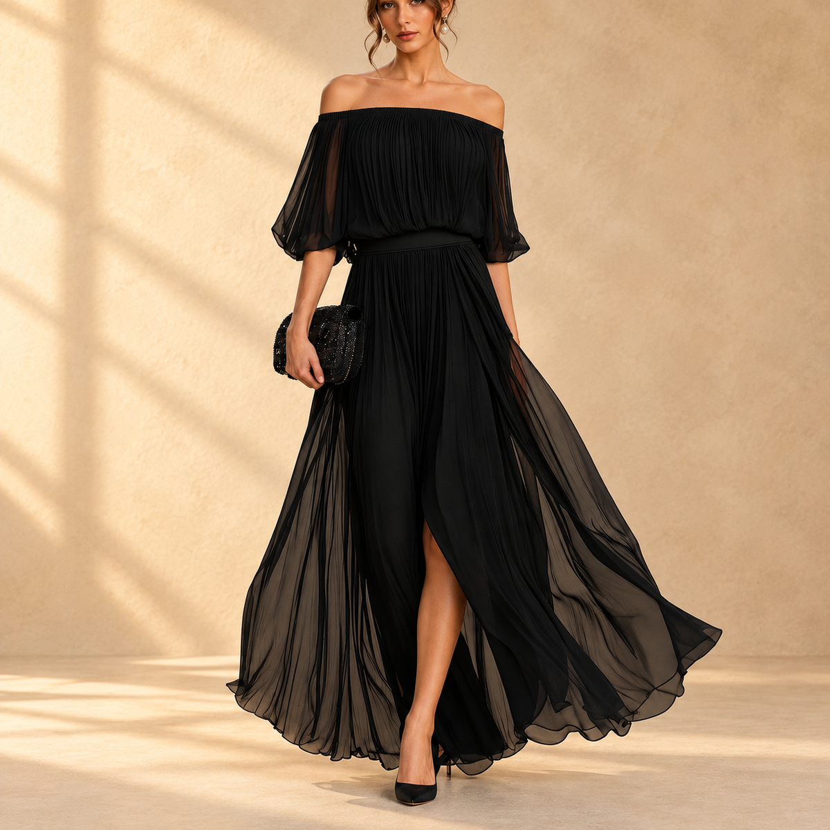 Genevieve | Off-shoulder chiffon maxi dress with flowing skirt