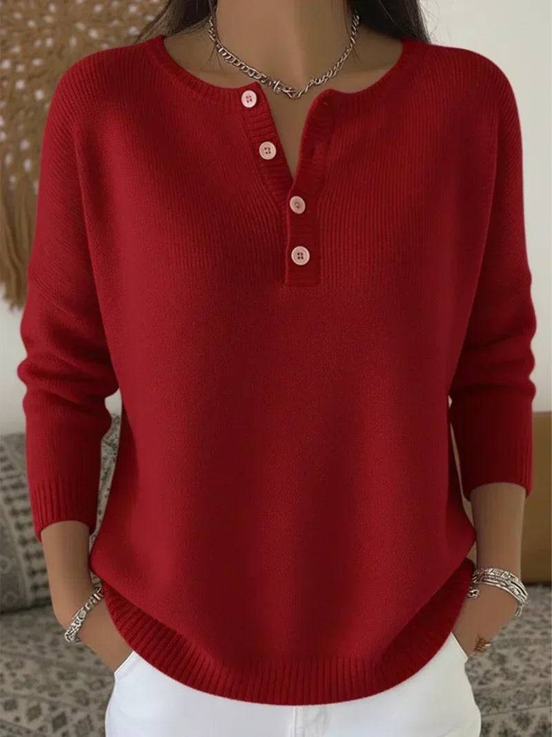 Women's Henley button-up knit sweater by THE WHITMORE FAMILY, featuring a cozy knit fabric and classic Henley neckline.