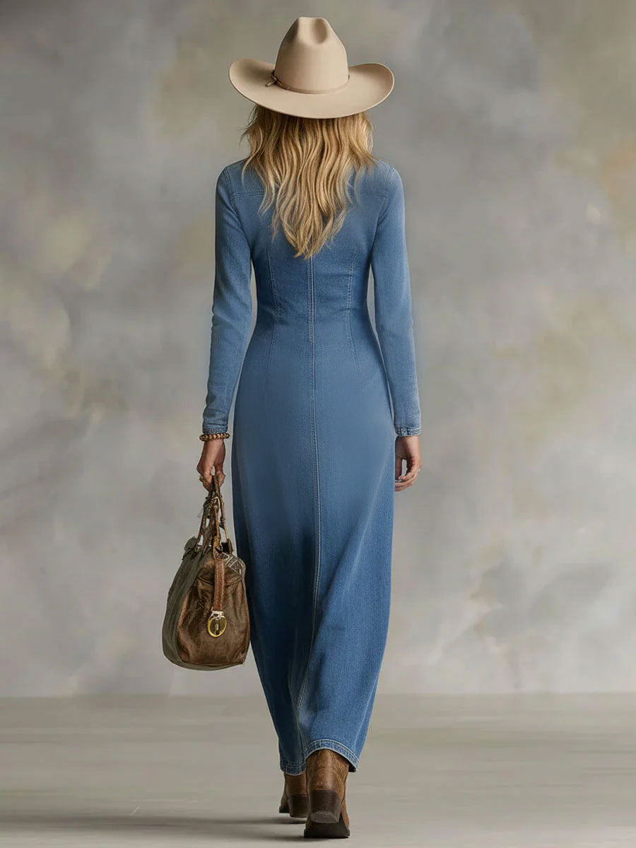 Gloria | Denim Maxi Dress with V Neck and Button Down