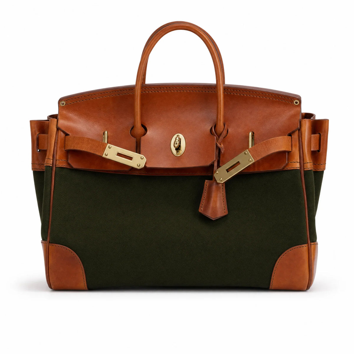 Green The Eleanor Weekender bag by THE WHITMORE FAMILY showing its spacious design and sturdy handles.