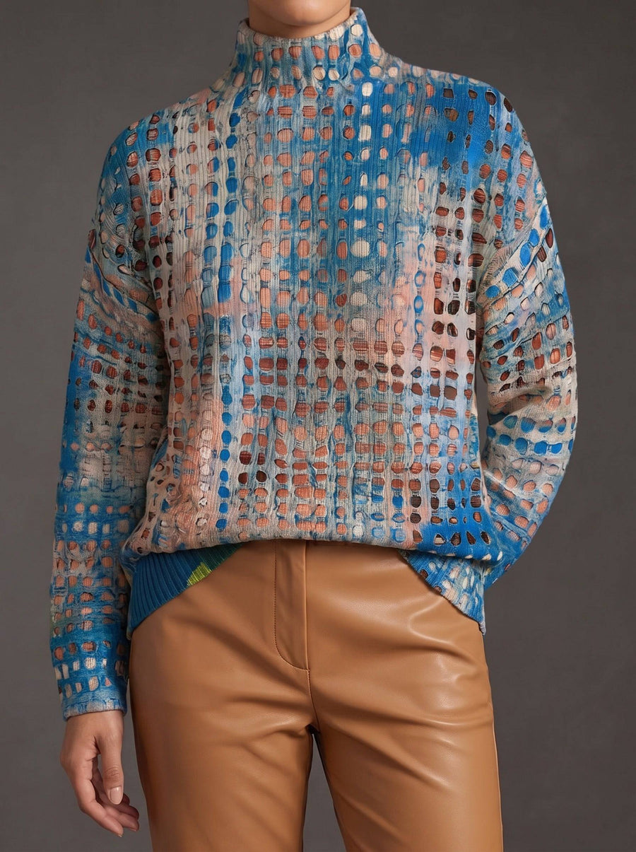 Indigo lattice turtleneck sweater by THE WHITMORE FAMILY, featuring a cozy knitted design and high neckline.