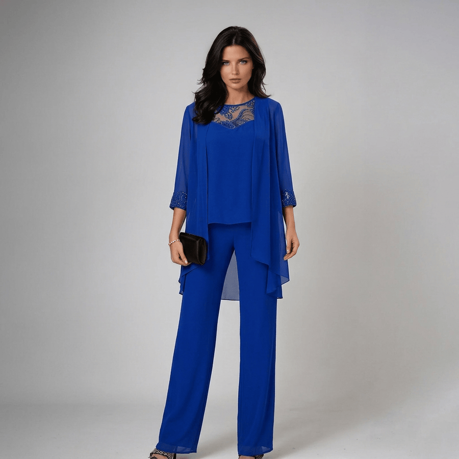 Iva beaded chiffon wide-leg three-piece set for women by THE WHITMORE FAMILY, featuring a matching top, pants, and beaded accents.
