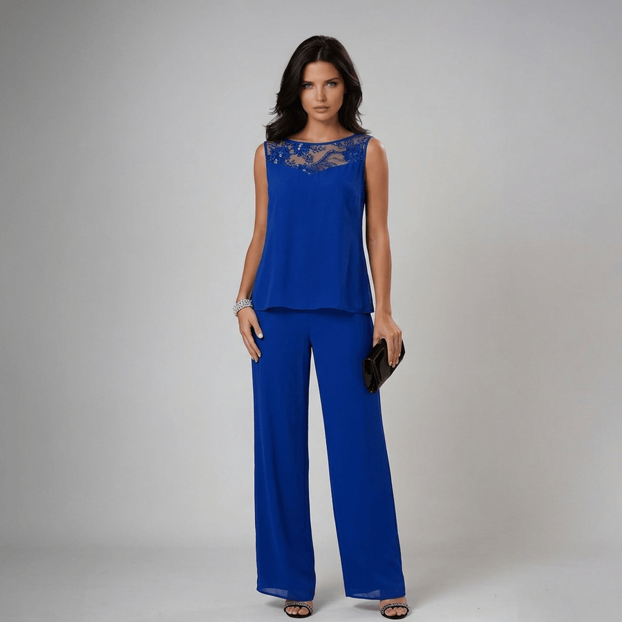 Iva beaded chiffon wide-leg three-piece matching set for women by THE WHITMORE FAMILY, featuring intricate beadwork and flowing fabric.