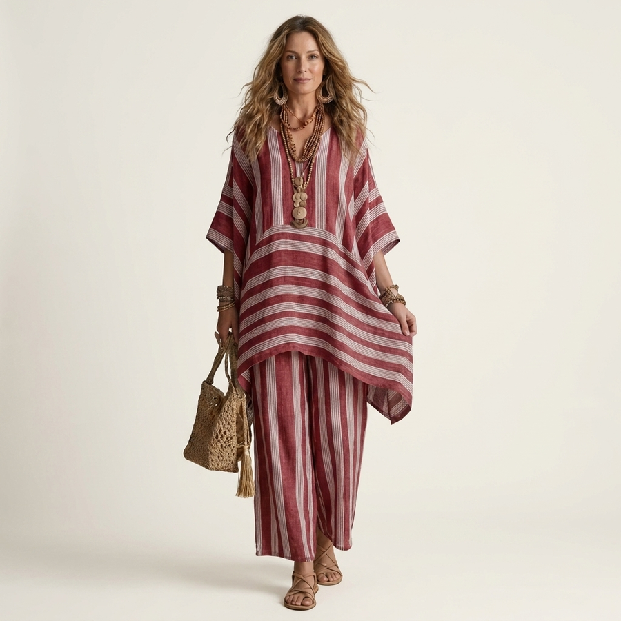 Kira two-piece striped cotton-linen summer dress set by THE WHITMORE FAMILY, featuring a breezy, casual clothing style.