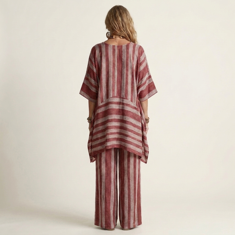 Kira two-piece striped cotton-linen summer dress set by THE WHITMORE FAMILY, featuring lightweight fabric and casual fit.