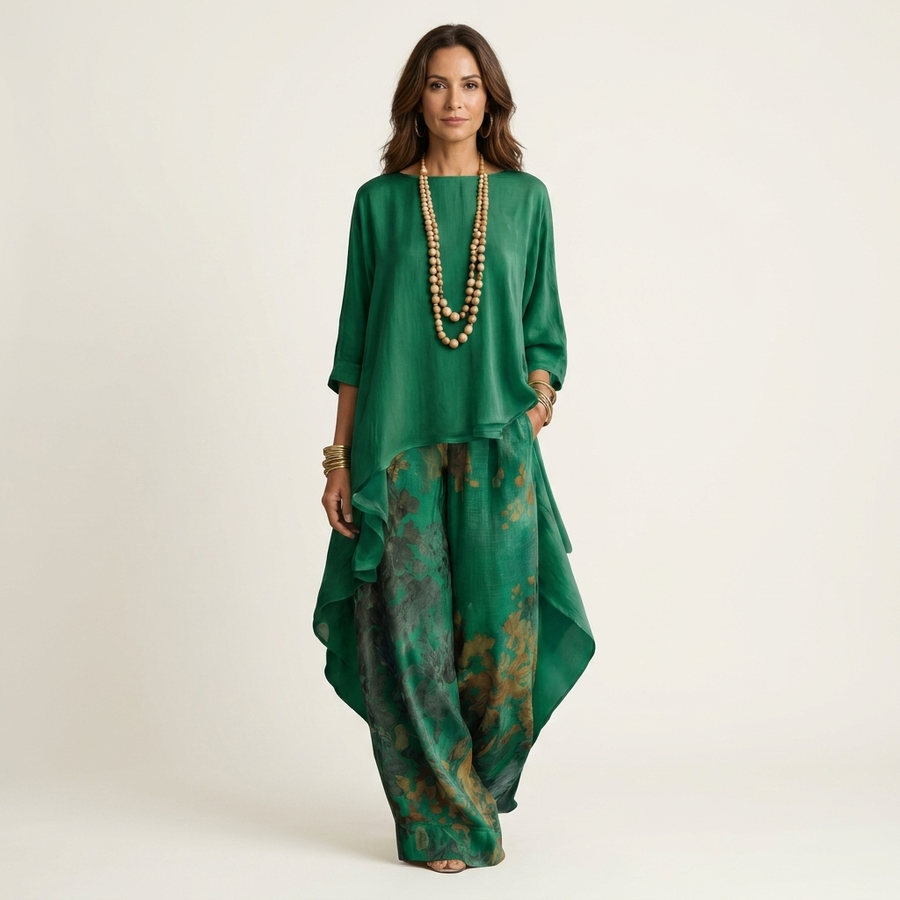 Cotton-silk two-piece set by THE WHITMORE FAMILY featuring an asymmetric tunic and matching pants, in soft, elegant fabric.