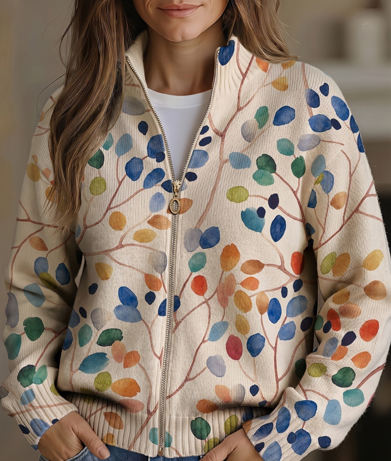 Delphine | Botanical Leaf Print Zip Cardigan