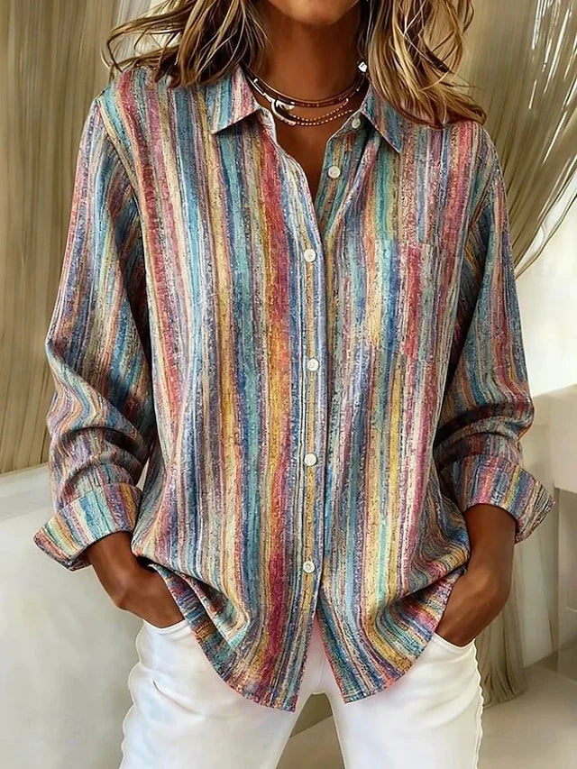 Harlowe™ vintage multicolor striped button blouse by THE WHITMORE FAMILY, featuring bold vertical stripes and a classic collar.