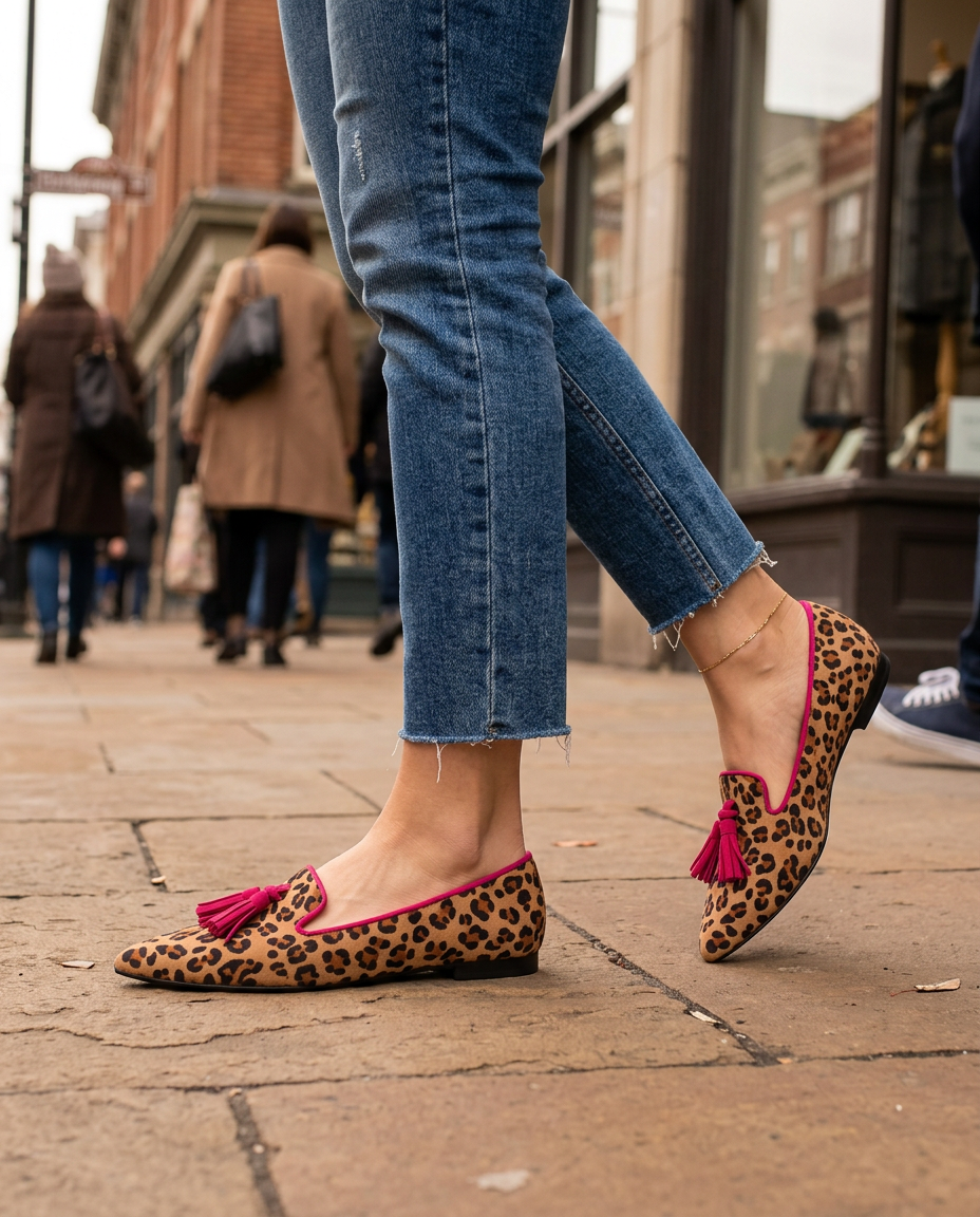 Ginevra Moccasin — Suede Leopard Print, Fuchsia Tassels