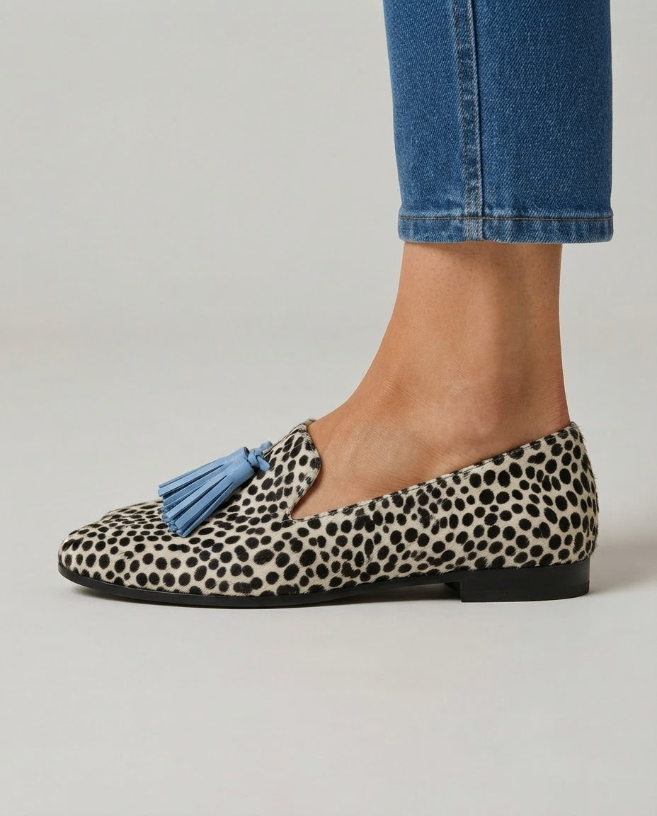 Nadia Moccasins — Black and White Leopard with Light Blue Tassels