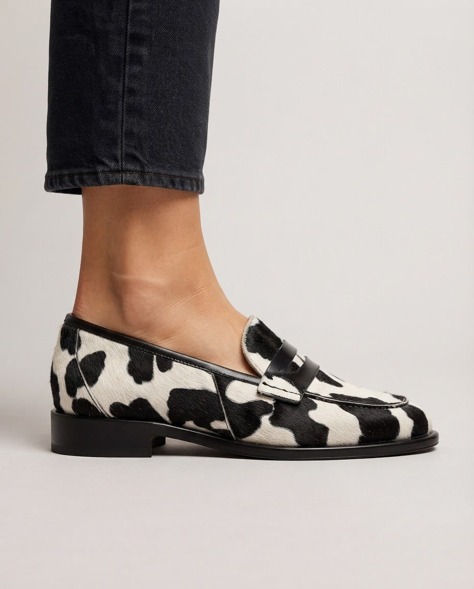 Nives Moccasin — Cow Print with Penny Loafer