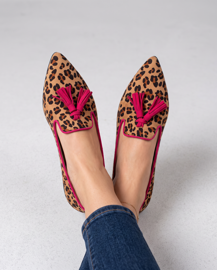 Ginevra Moccasin — Suede Leopard Print, Fuchsia Tassels