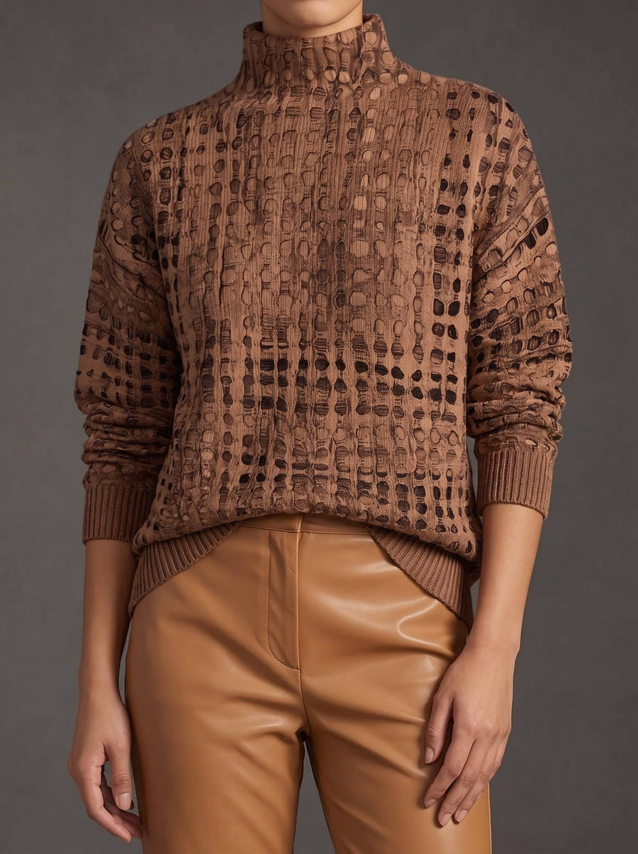 Marnie™ Chestnut Lattice Turtleneck sweater from THE WHITMORE FAMILY, featuring a cozy turtleneck and textured lattice design.