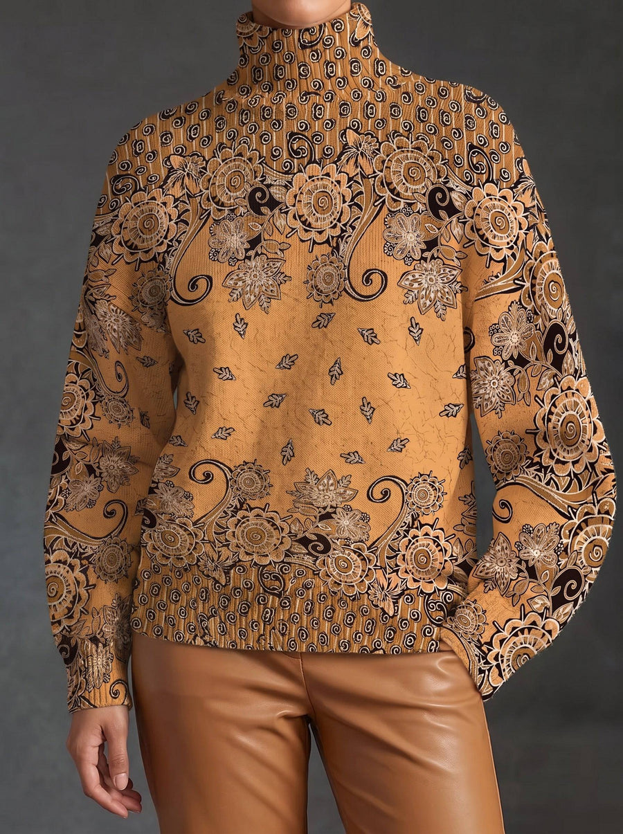 Oleander™ Caramel Paisley Turtleneck sweater from THE WHITMORE FAMILY, featuring a cozy turtleneck and stylish paisley pattern in caramel tones.