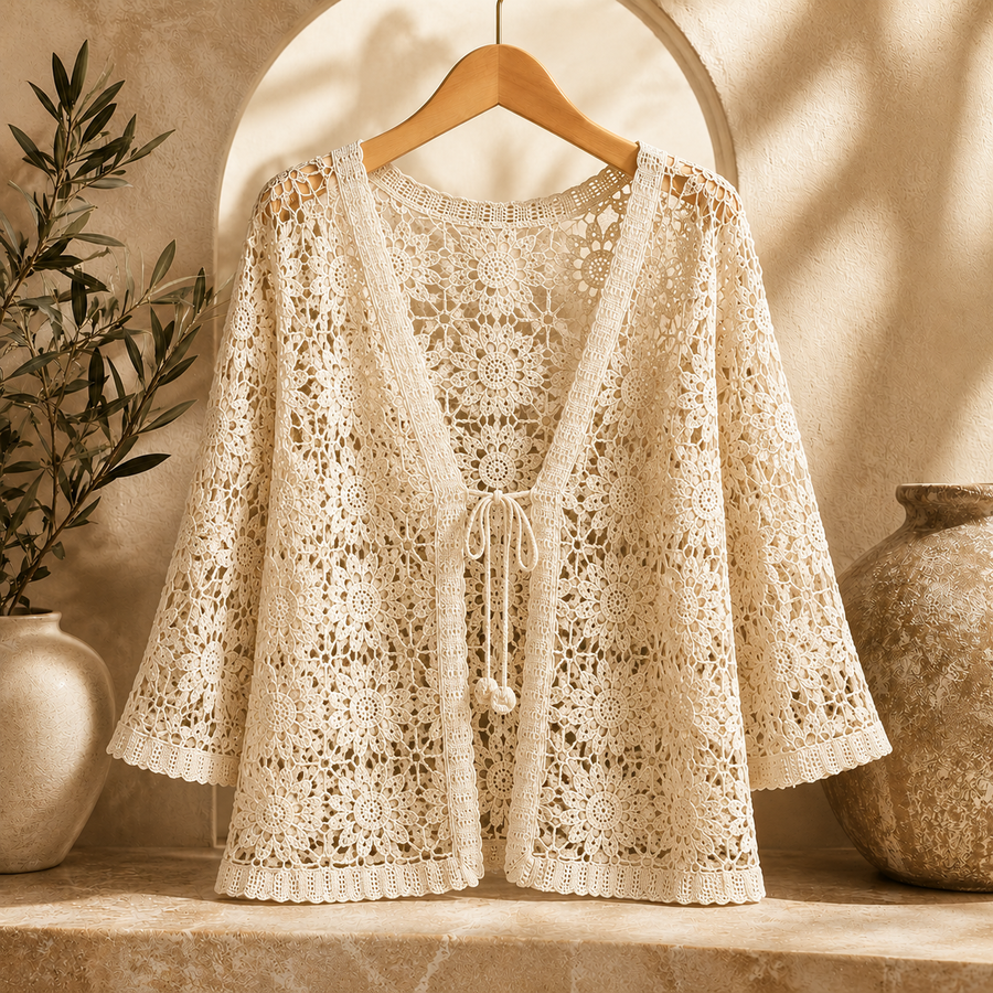 Elora crochet cardigan by THE WHITMORE FAMILY, featuring intricate knit patterns and a cozy, stylish design.