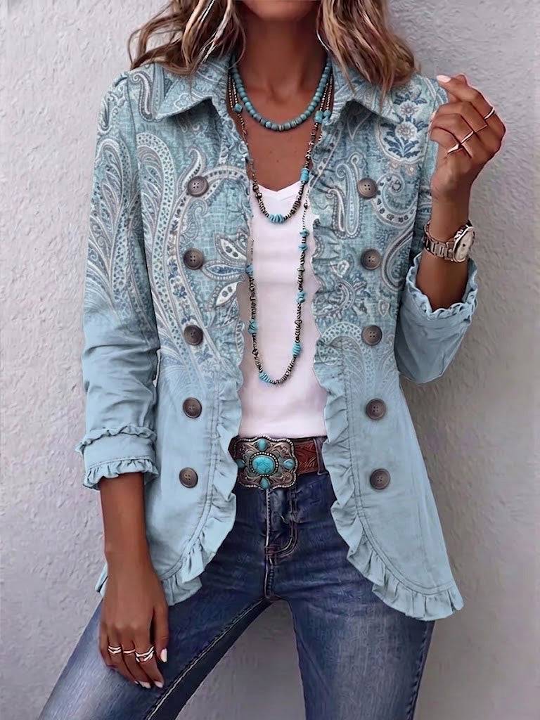 Estrella™ vintage paisley print ruffled jacket by THE WHITMORE FAMILY with floral patterns and ruffle details.