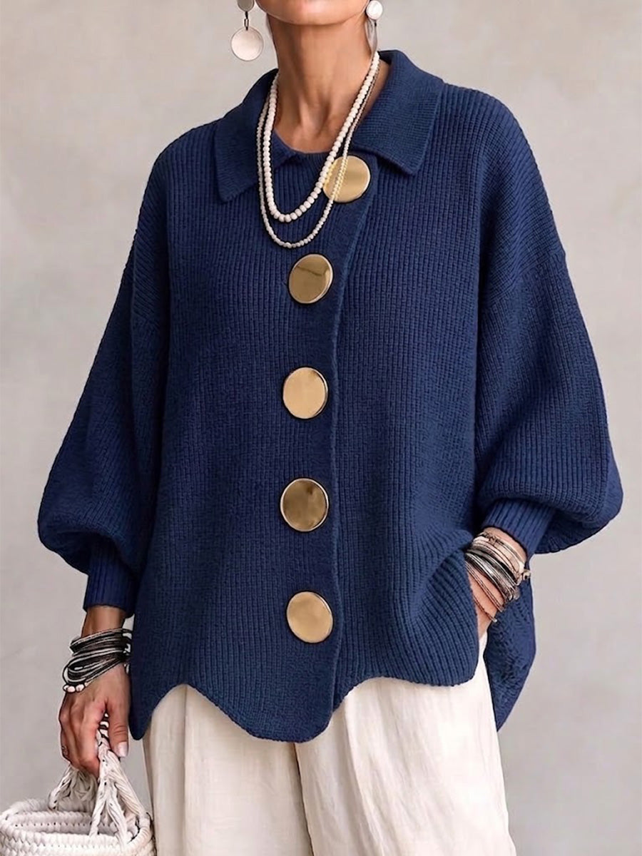 Isadora™ oversized collared cardigan with large metal buttons, styled with cozy knit fabric in a natural setting.