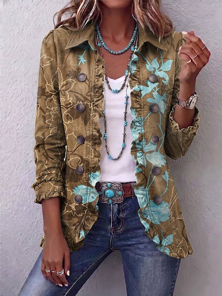 Boho Gradient Vintage Floral Ruffle Jacket from Sundara™ by THE WHITMORE FAMILY, featuring colorful floral patterns and ruffle details.