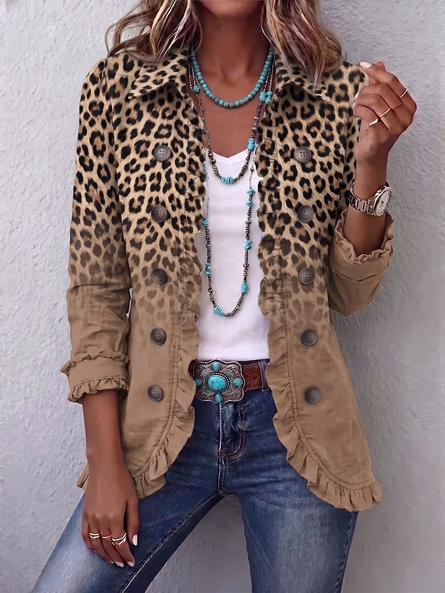 Tawny™ Vintage Leopard Gradient Ruffle Jacket by THE WHITMORE FAMILY, featuring leopard print, ruffles, and a stylish vintage design.
