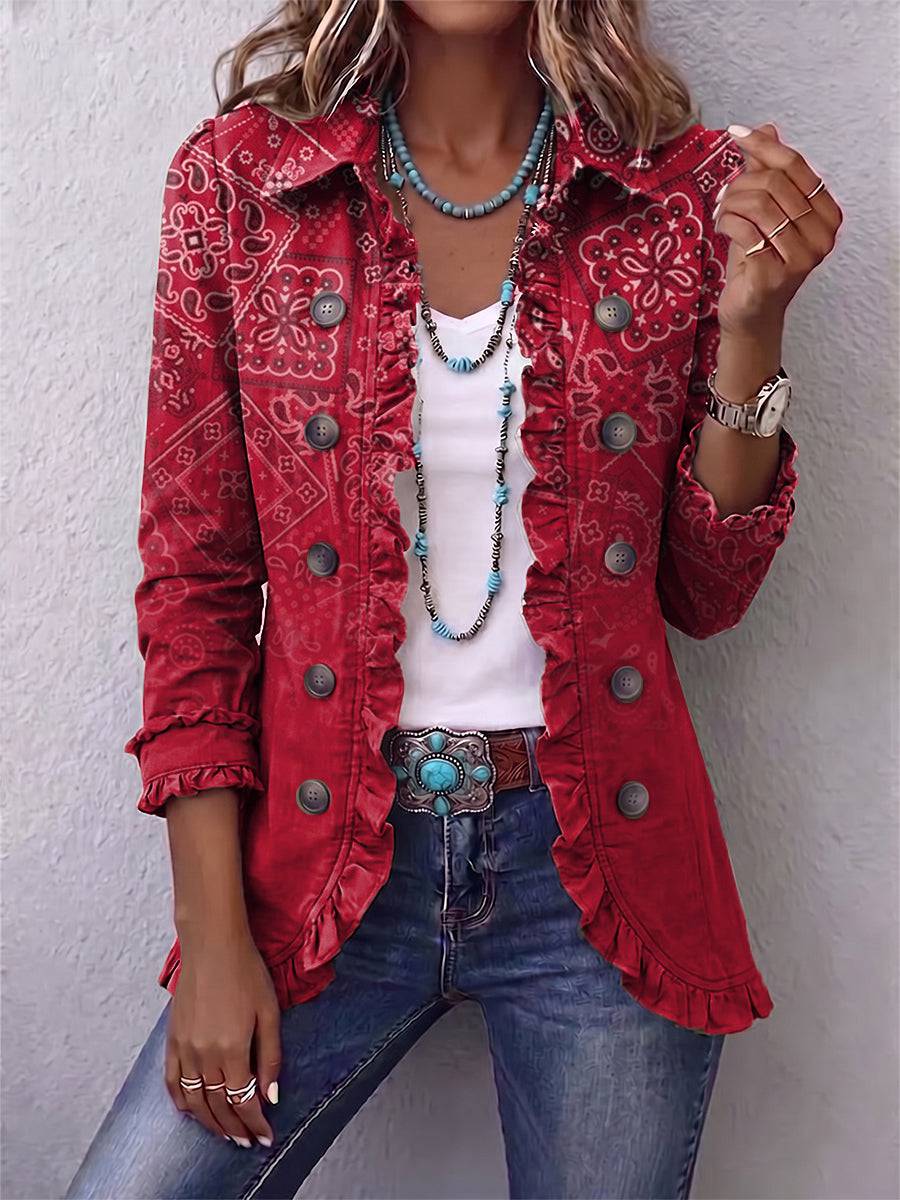 Criselle™ bohemian paisley ombré print ruffled jacket by THE WHITMORE FAMILY, stylish layered outerwear with vibrant paisley design