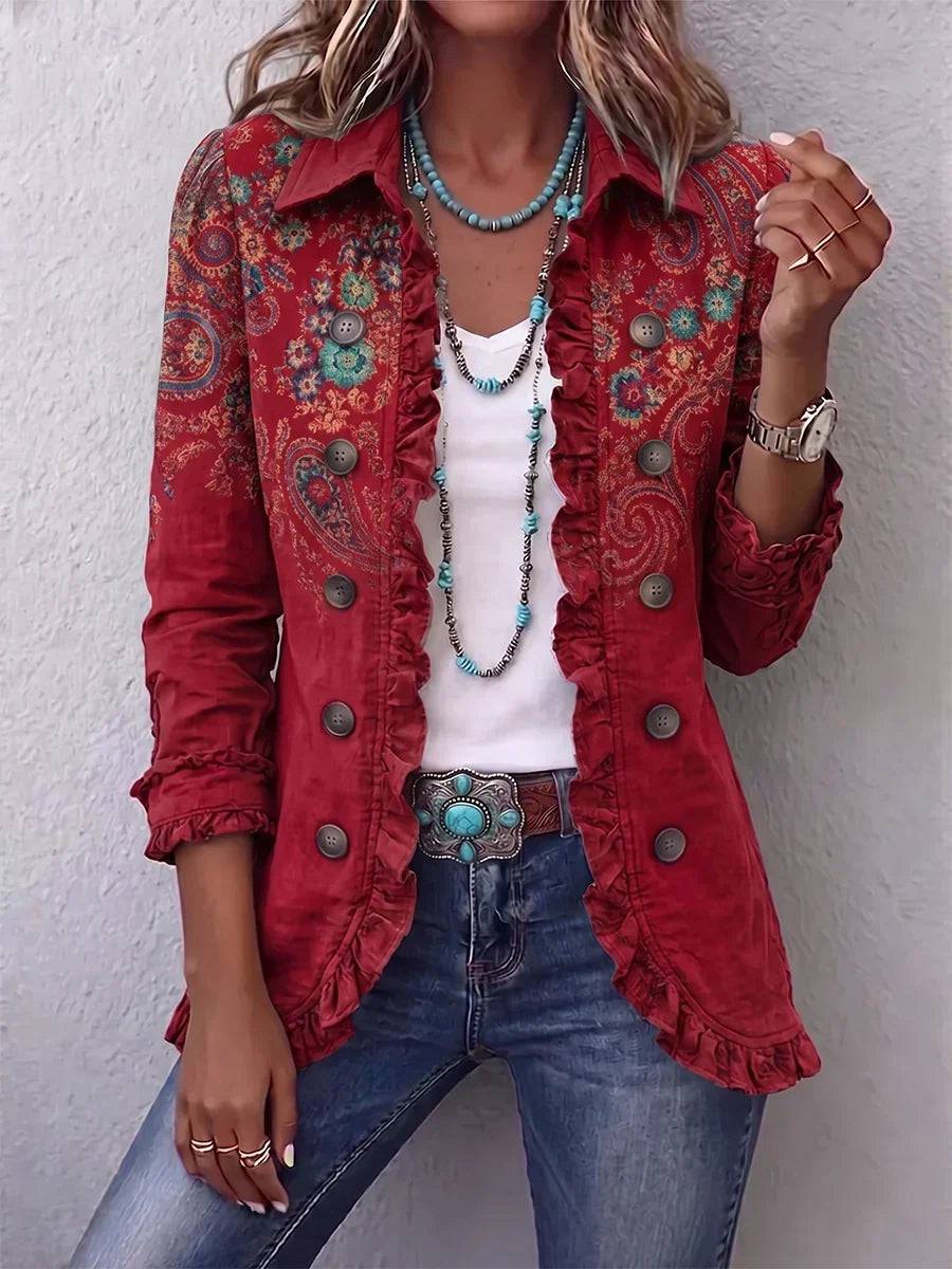 Fayrene™ Bohemian Paisley Ruffle Jacket by THE WHITMORE FAMILY, featuring a flowy paisley print with ruffle details and bohemian style.