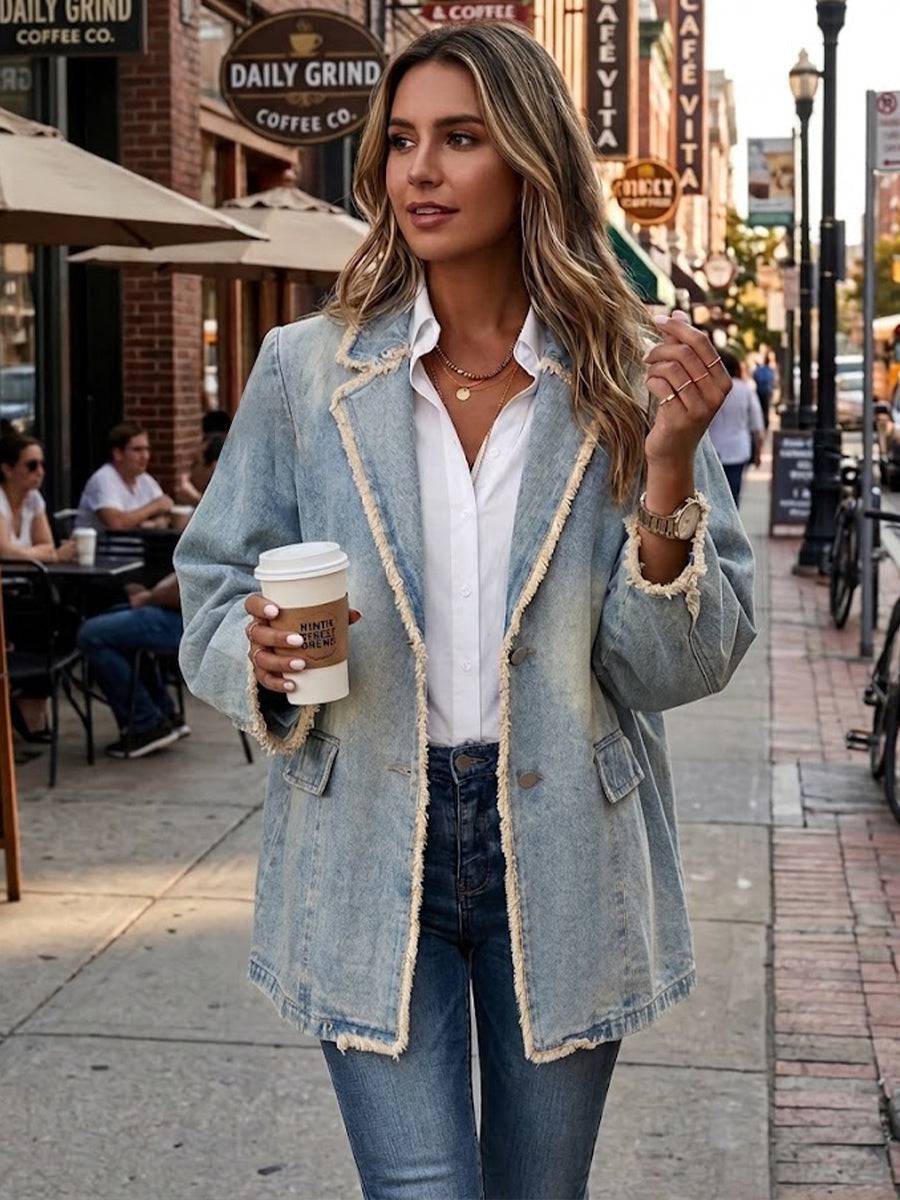 Dionne™ vintage-style oversized blazer from THE WHITMORE FAMILY with raw edges, tailored fit, and classic lapel design.