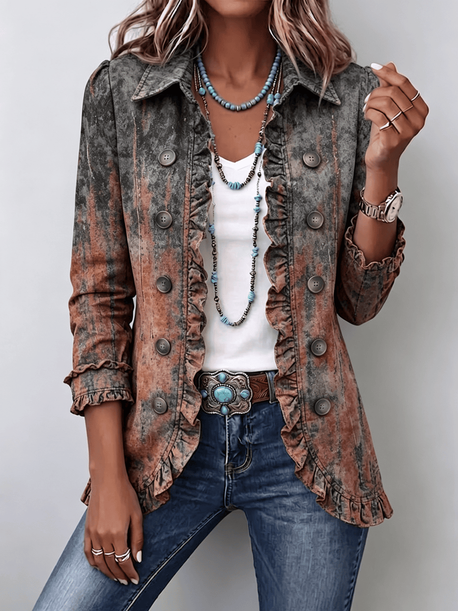Vintage gradient textured ruffle jacket from THE WHITMORE FAMILY's Bristow™ collection, featuring a stylish layered design.
