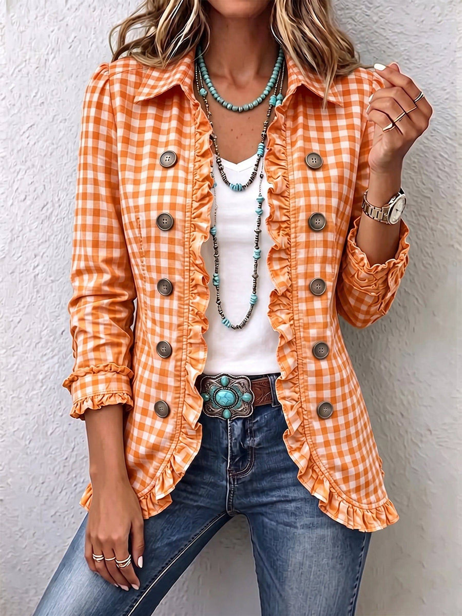 Charlene™ Gingham Ruffled Button-Down Jacket by THE WHITMORE FAMILY, featuring a classic gingham pattern and ruffled details.