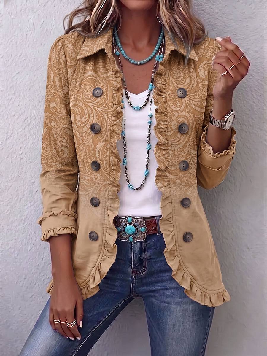 Western pattern print ruffle jacket from Crestelle™ by THE WHITMORE FAMILY, featuring ruffles and a stylish Western-inspired design.