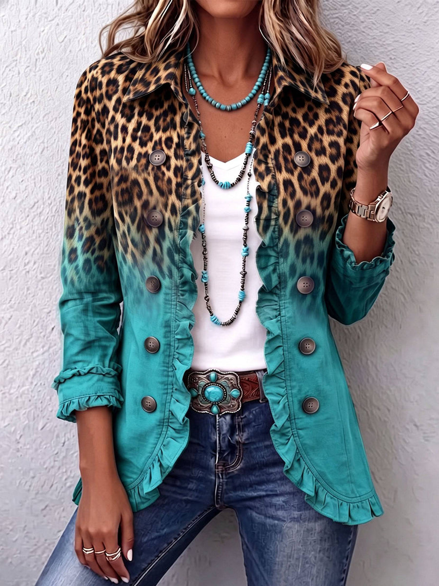 Elspeth Leopard Ombre Ruffle Blazer Jacket by THE WHITMORE FAMILY, featuring a stylish blazer with leopard print and ruffle details.