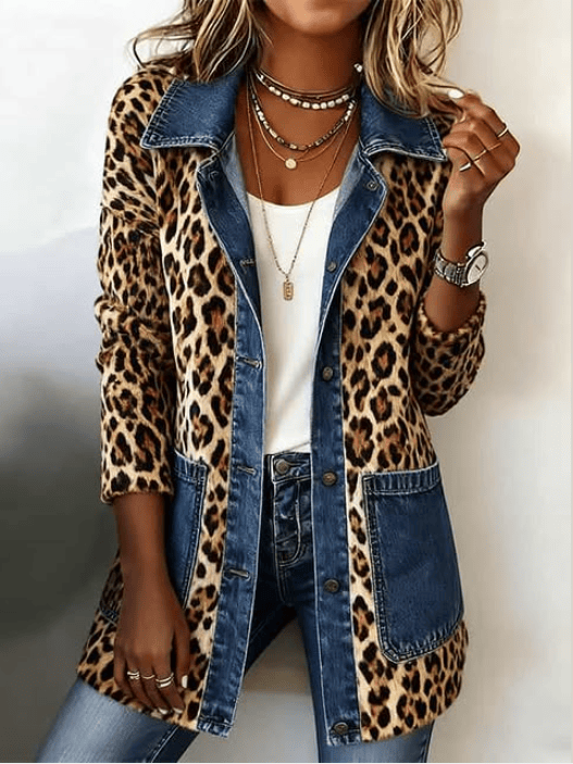 Leopard print denim panel contrast longline jacket by THE WHITMORE FAMILY, featuring mixed fabric and stylish design.