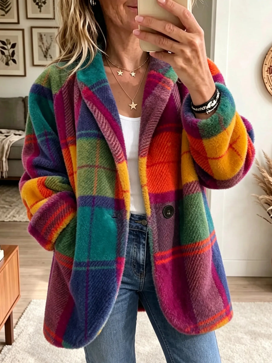 Jenneke checkered jacket by THE WHITMORE FAMILY, shown in a stylish close-up with a classic checkered pattern and tailored fit.