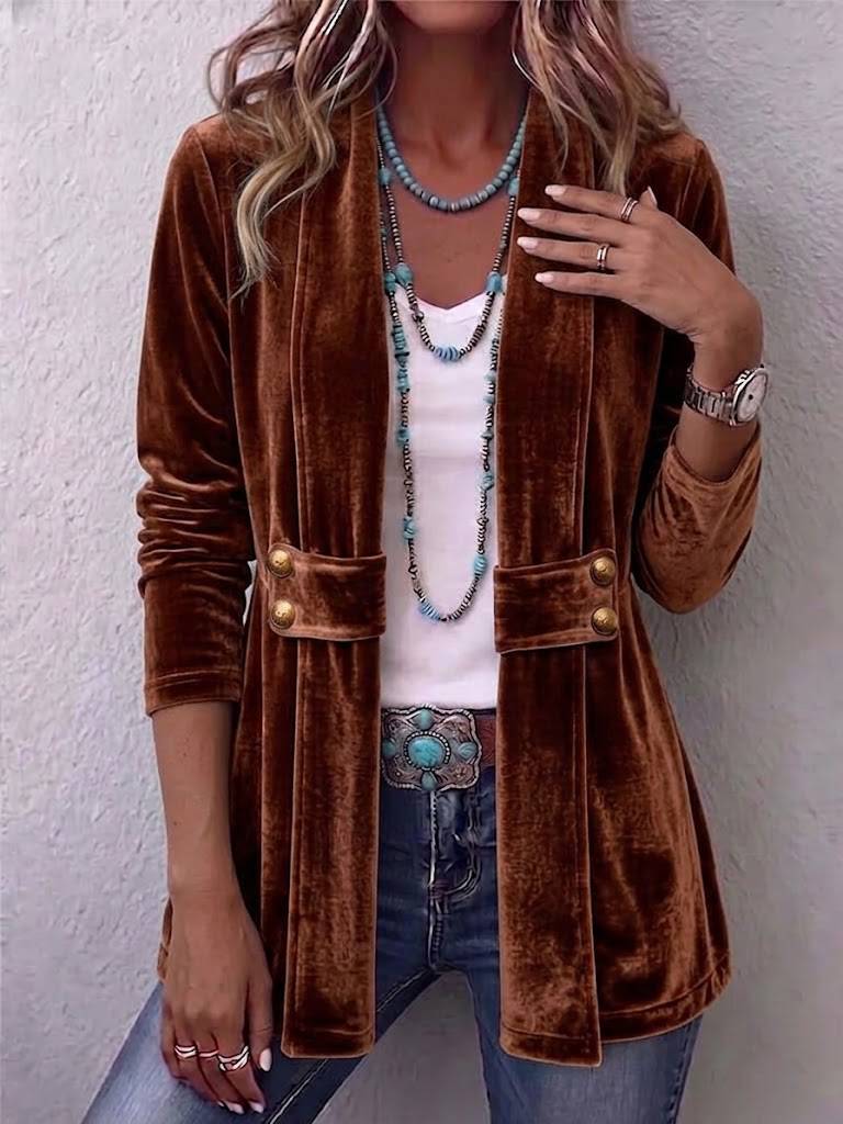 Holliwell™ vintage lapel button-accent long sleeve open front jacket by THE WHITMORE FAMILY displayed on a model.