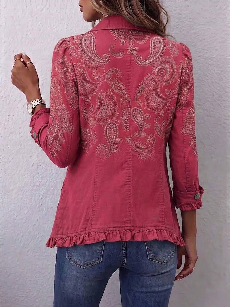 Anouk™ vintage paisley print ruffled jacket by THE WHITMORE FAMILY, showcasing intricate paisley pattern and ruffled details.