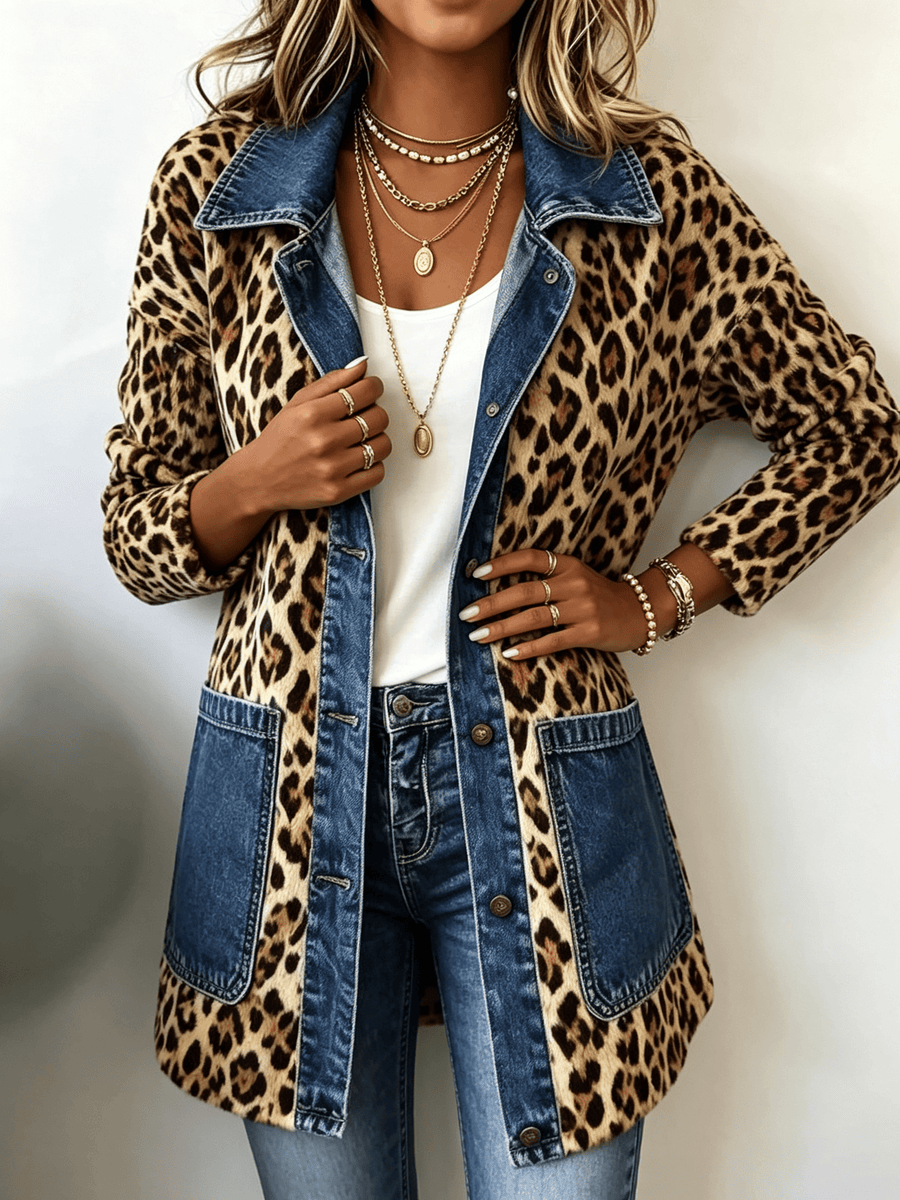 Leopard print denim panel contrast longline jacket by Fablenne™ featuring a stylish, extended fit with bold animal print and contrasting fabric.
