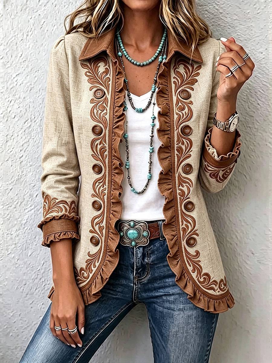 Dawncroft™ Vintage Bohemian floral ruffled jacket with layered fabric and floral print, stylish outerwear from THE WHITMORE FAMILY.