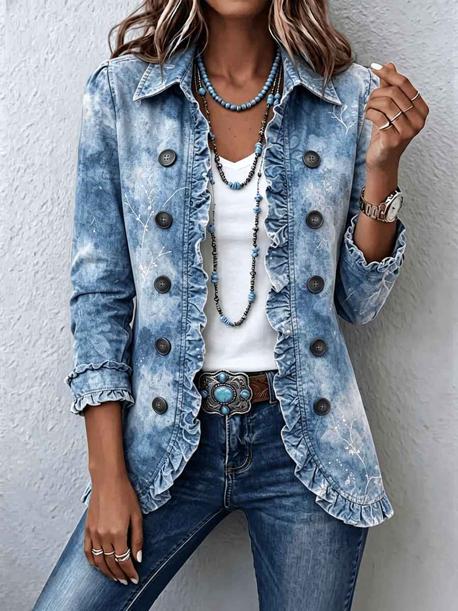 Jemison™ boho-style gradient vintage botanical print jacket with ruffle details, featuring a relaxed fit and floral design.