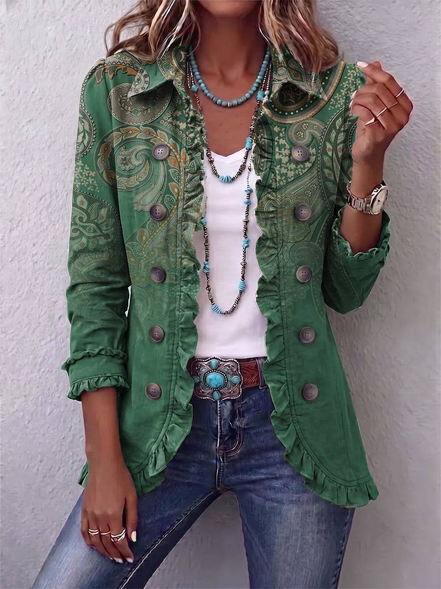 Jemara™ bohemian paisley print ruffled jacket in vibrant colors, stylish and lightweight, worn by a model showcasing its design.
