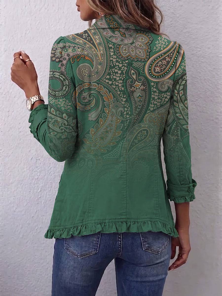 Jemara™ Bohemian paisley print ruffled jacket by THE WHITMORE FAMILY, featuring colorful paisley patterns and layered ruffle details.