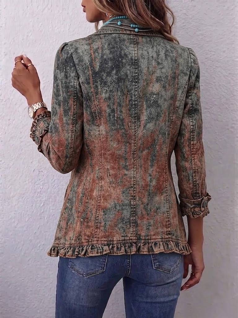 Vintage gradient textured print ruffle jacket from THE WHITMORE FAMILY's Bristow™ collection, featuring ruffle details and stylish design.