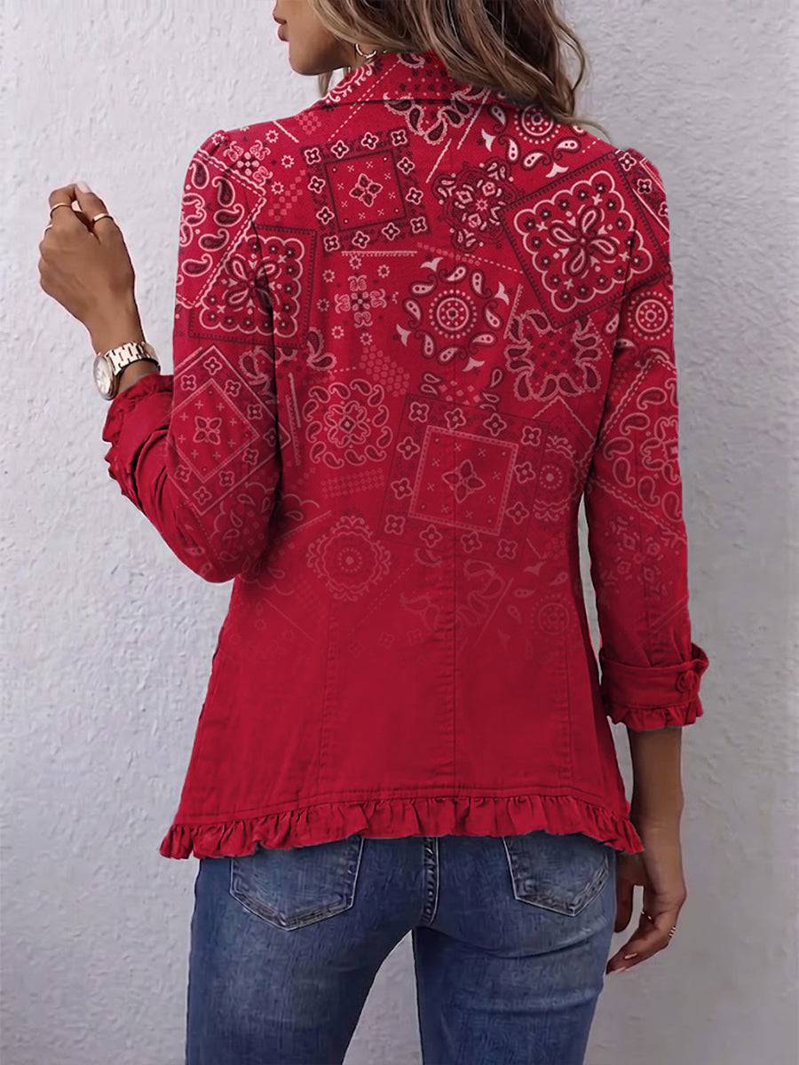 Criselle™ Bohemian paisley ombré print ruffled jacket by THE WHITMORE FAMILY, featuring flowy fabric and intricate design details.