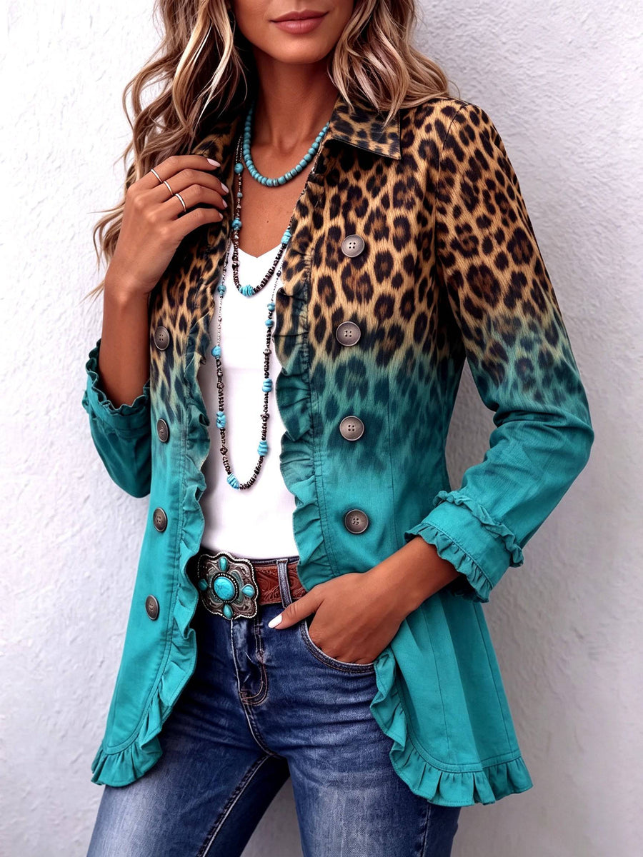 Elspeth™ leopard ombre ruffle blazer jacket by THE WHITMORE FAMILY, shown in a stylish blazer with ruffle details and leopard print.