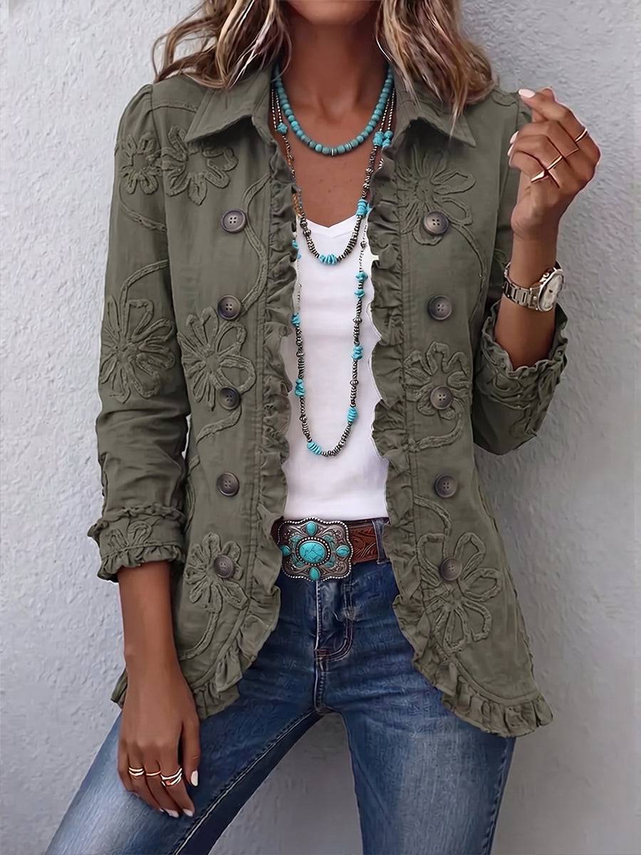 Kamberly™ boho-chic floral embroidered utility jacket with ruffled trim, featuring colorful floral embroidery and relaxed fit.