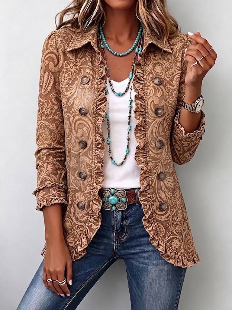Vyclara™ vintage bohemian floral print ruffled jacket by THE WHITMORE FAMILY, showcasing colorful floral patterns and ruffled details.