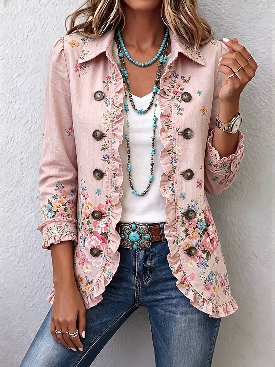 Bettany Floral Ruffle Button-Front Jacket by THE WHITMORE FAMILY featuring a feminine floral print and ruffled collar detail.