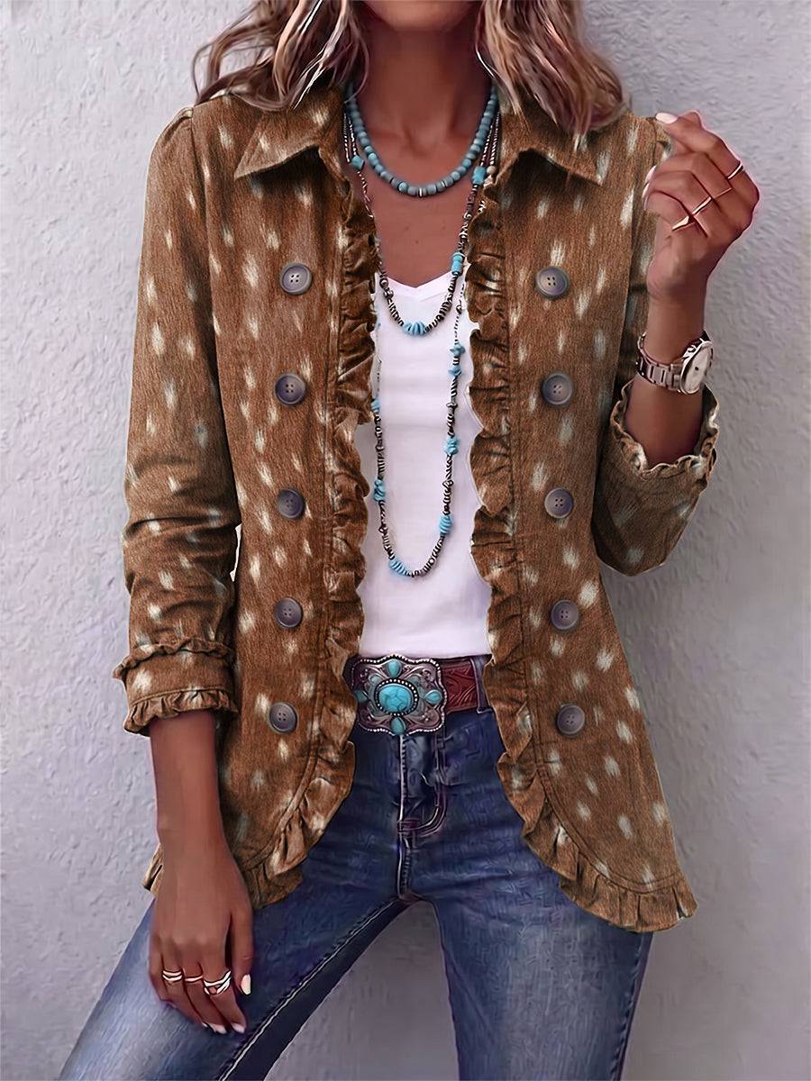 Nolinda™ Bohemian animal-print ruffled jacket by THE WHITMORE FAMILY, featuring layered ruffles and a bold animal pattern.